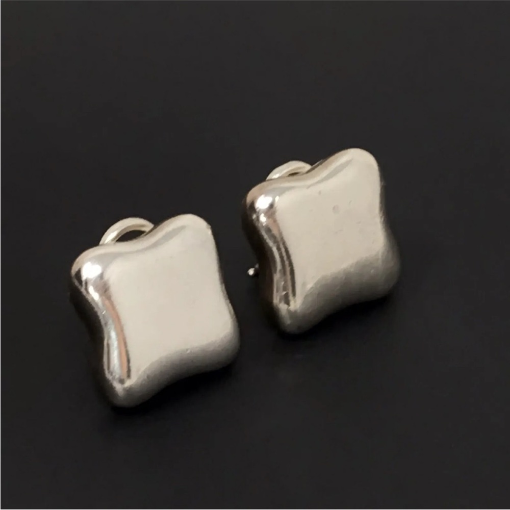 VTG 1985 Signed Sterling Angela Cummings Solid Chunky Square Clip On Ear…